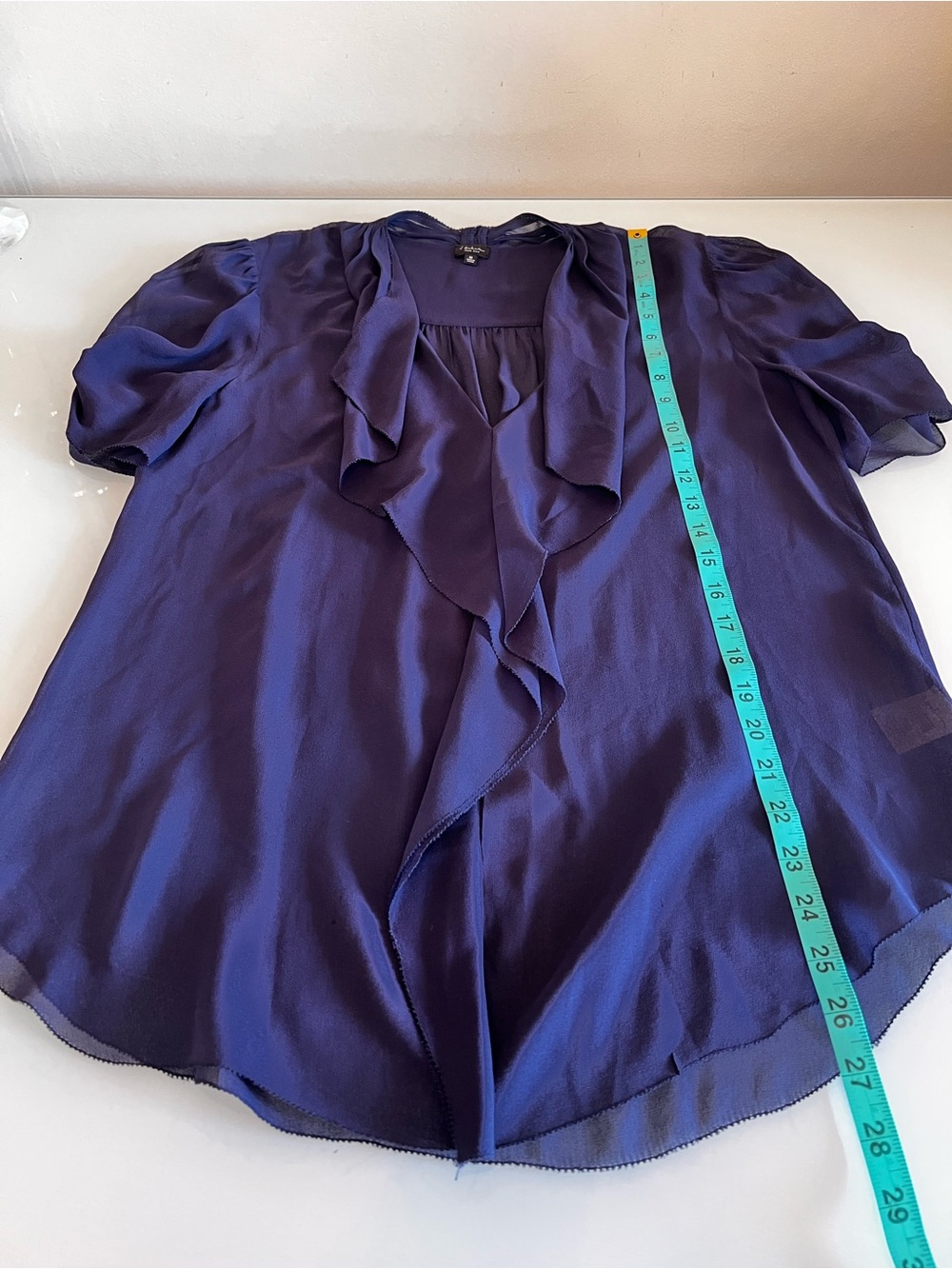 BABATON 100% Silk Sheer Ruffle Blouse Draped Boho Luxe Navy Medium Top - Picture 7 of 10